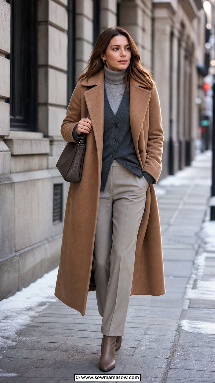 Warm camel coat with gray knit layers - 30 Muted color outfit ideas