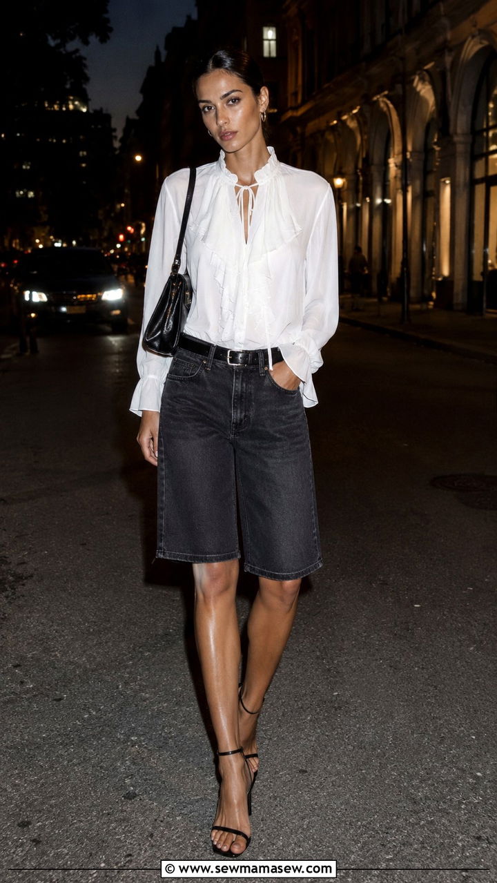 Washed Black Jorts With a Ruffled White Blouse - 25 May outfit ideas
