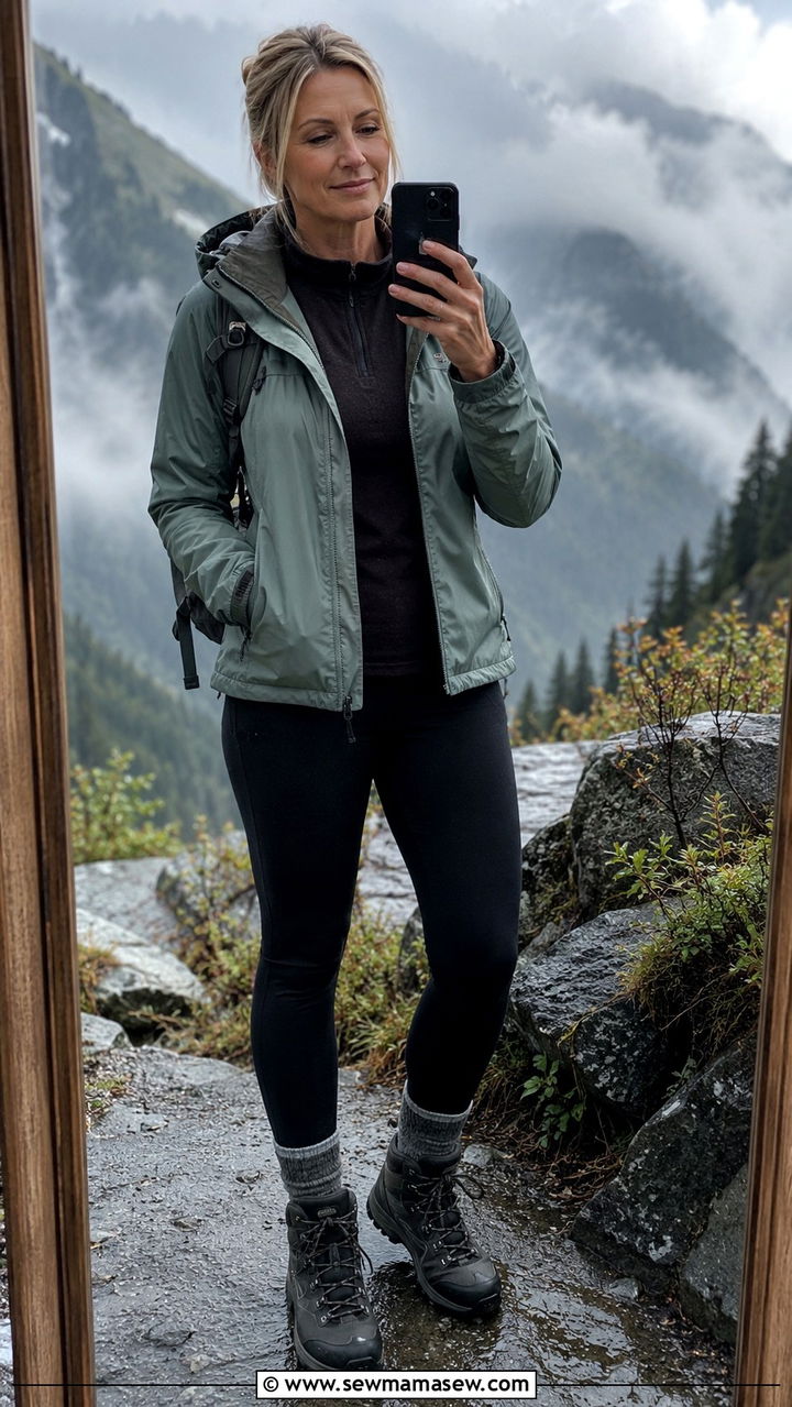 Water Resistant Hiking Jacket Over Fleece Lined Leggings - 30 Hiking outfit ideas for women over 40