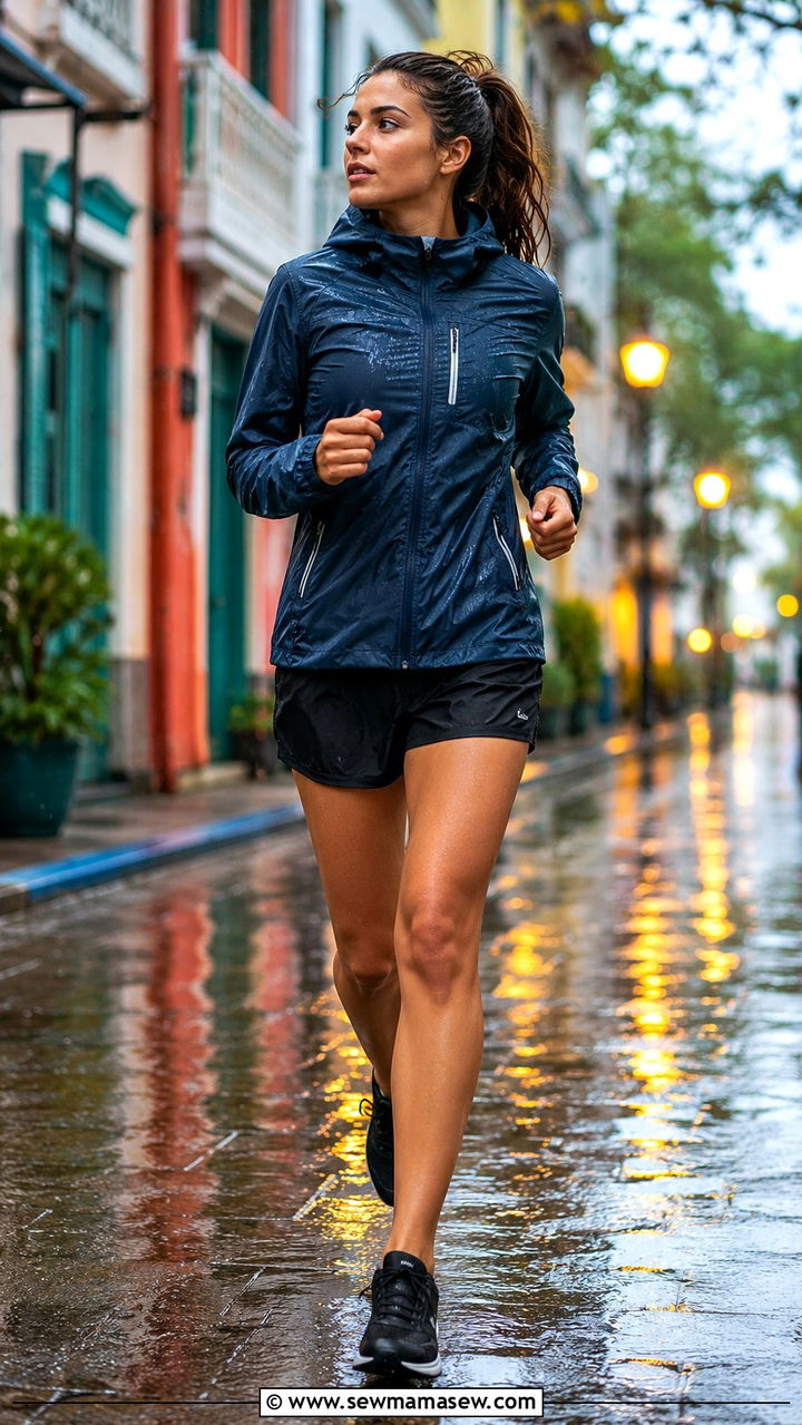 Water resistant jacket and quick dry shorts for rain - 30 Running outfit ideas for beginners