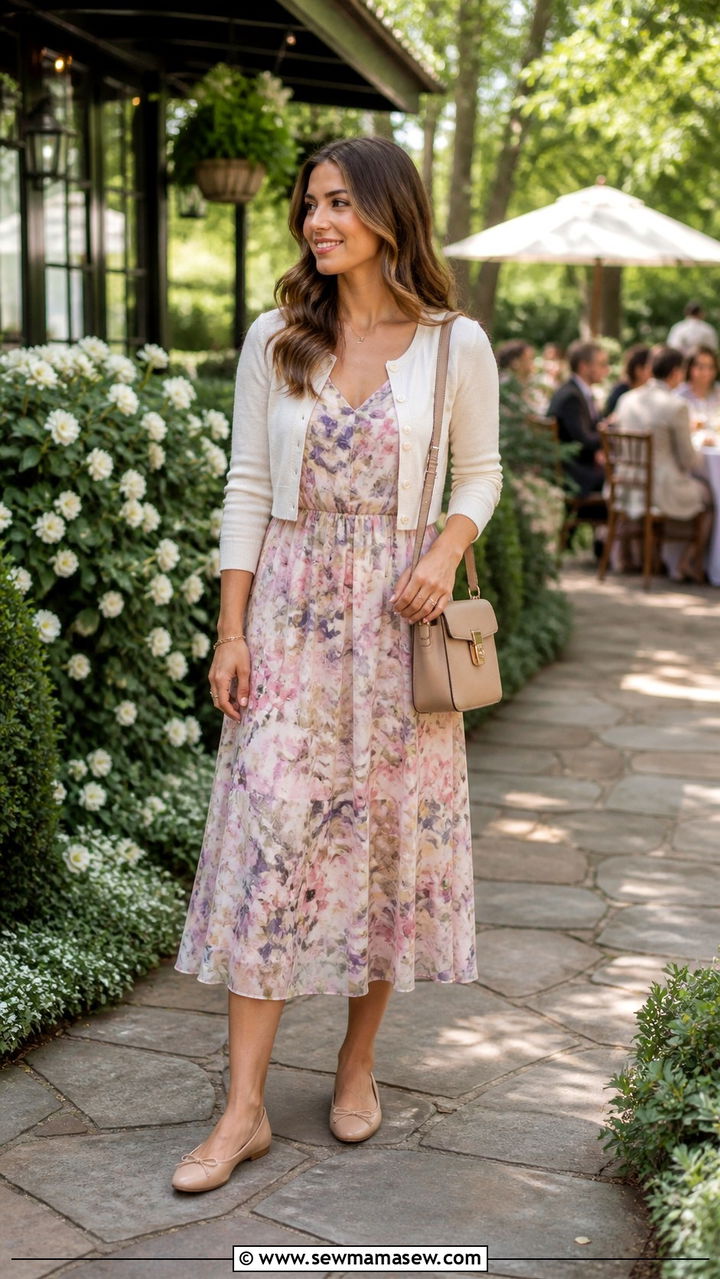 Watercolor Floral Chiffon Midi Dress With Cropped Cardigan - 40 Spring wedding guest outfits