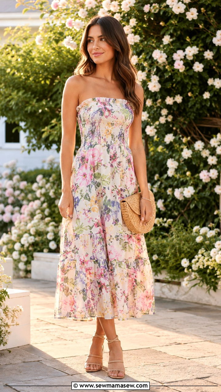 Watercolor Floral Midi Dress With Block Heels - 25 Wedding guest outfit ideas floral dress 2026