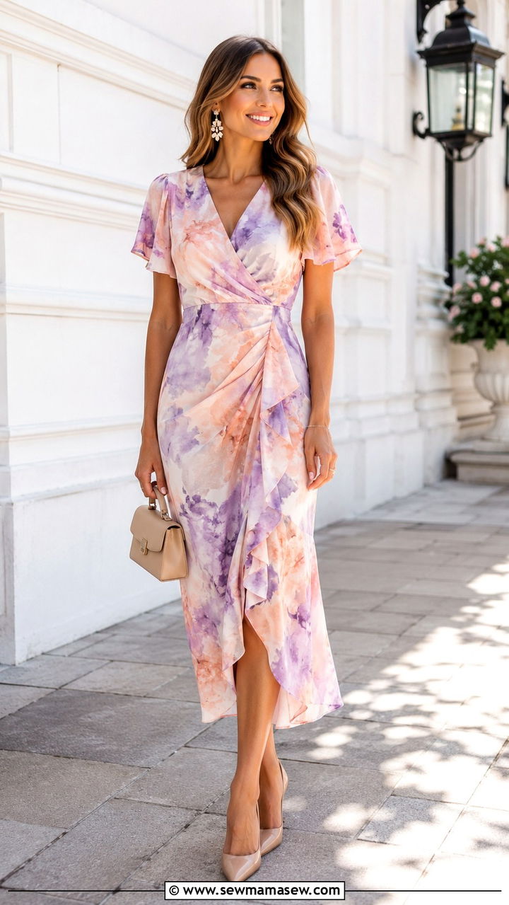 Watercolor Print Midi Dress with Nude Pumps - 30 cute spring wedding guest outfits