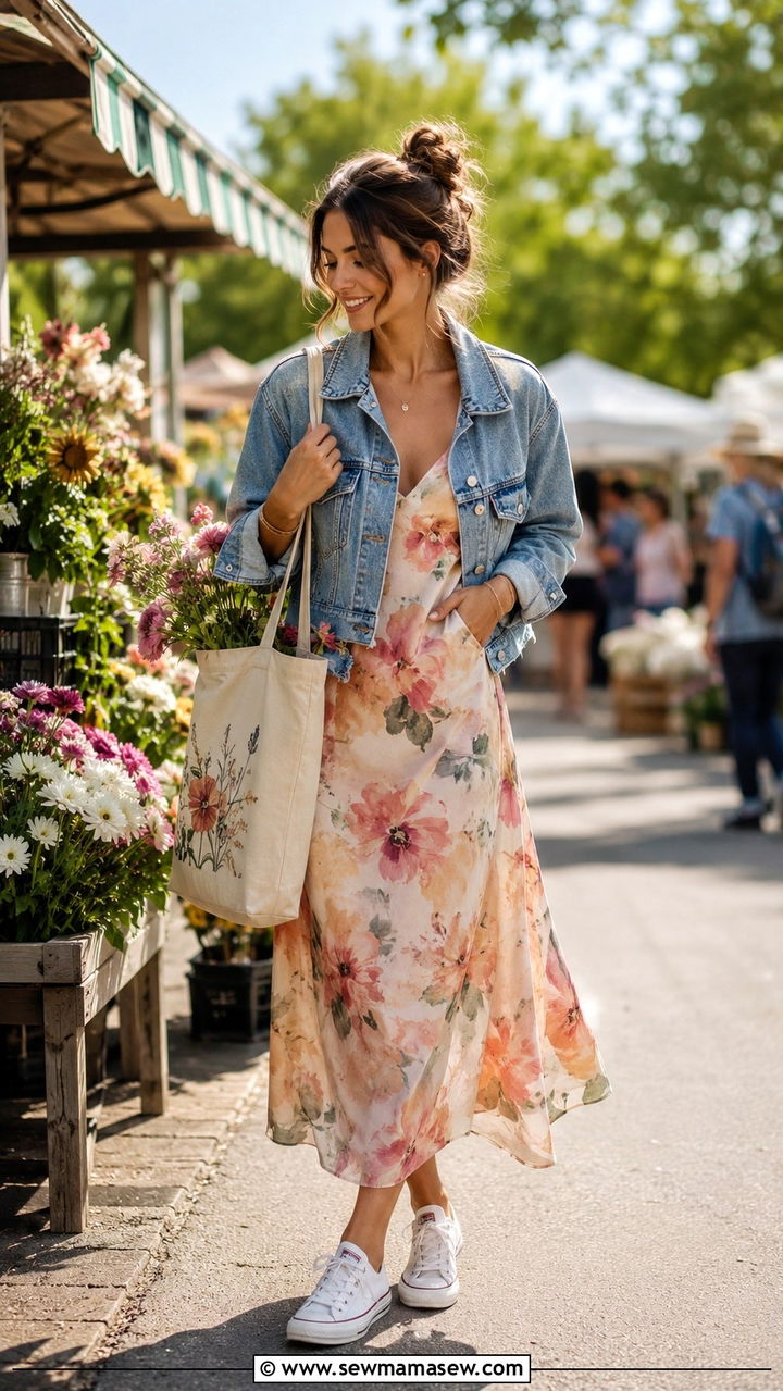 Watercolor floral slip dress with a cropped denim jacket and sneakers - 30 Romantic summer outfit ideas