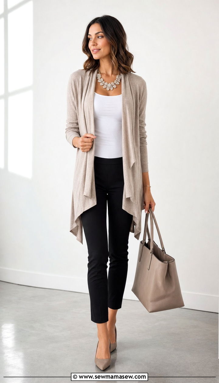 Waterfall Cardigan with Fitted Tank and Slim Pants - 25 Summer outfits for rectangle body