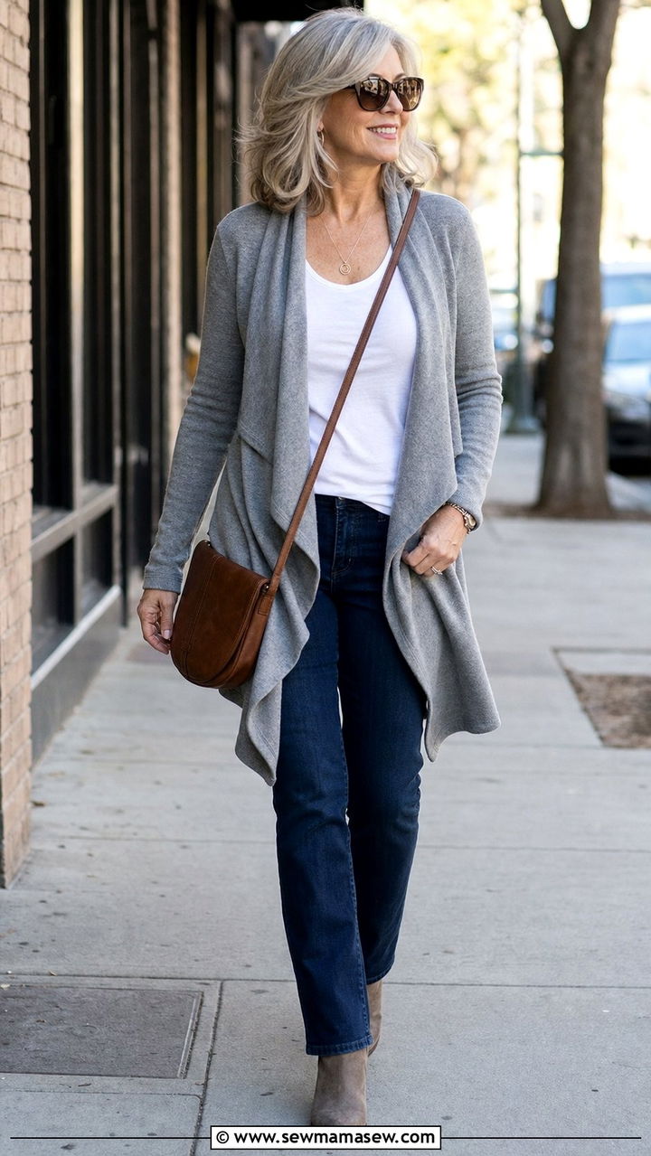 Waterfall cardigan with straight leg jeans and ankle boots - 25 Cover up outfit ideas for women over 50