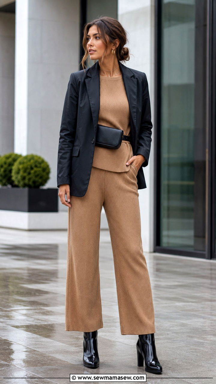 Waterproof Blazer Over a Knit Co Ord with Heeled Rain Booties - 30 transitional rainy day outfit ideas