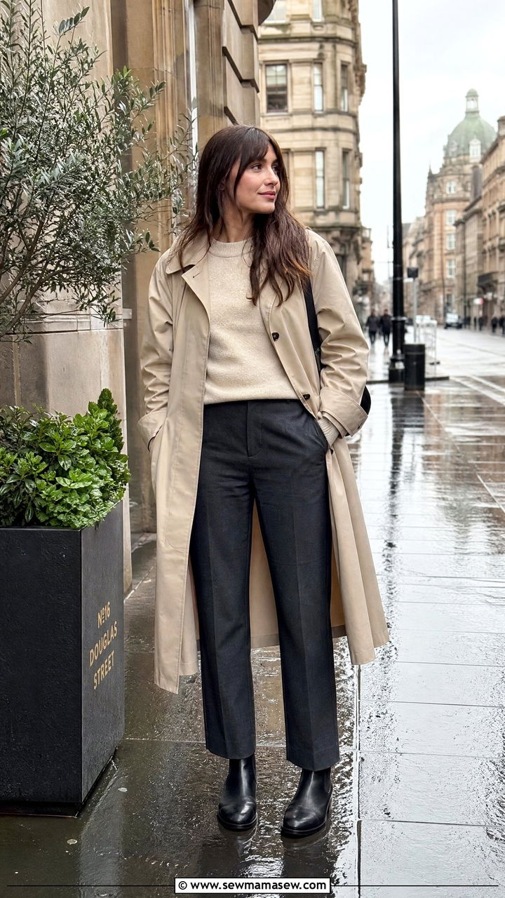 Waterproof Longline Coat and Straight Leg Trousers With Chelsea Boots - 25 Glasgow outfit ideas