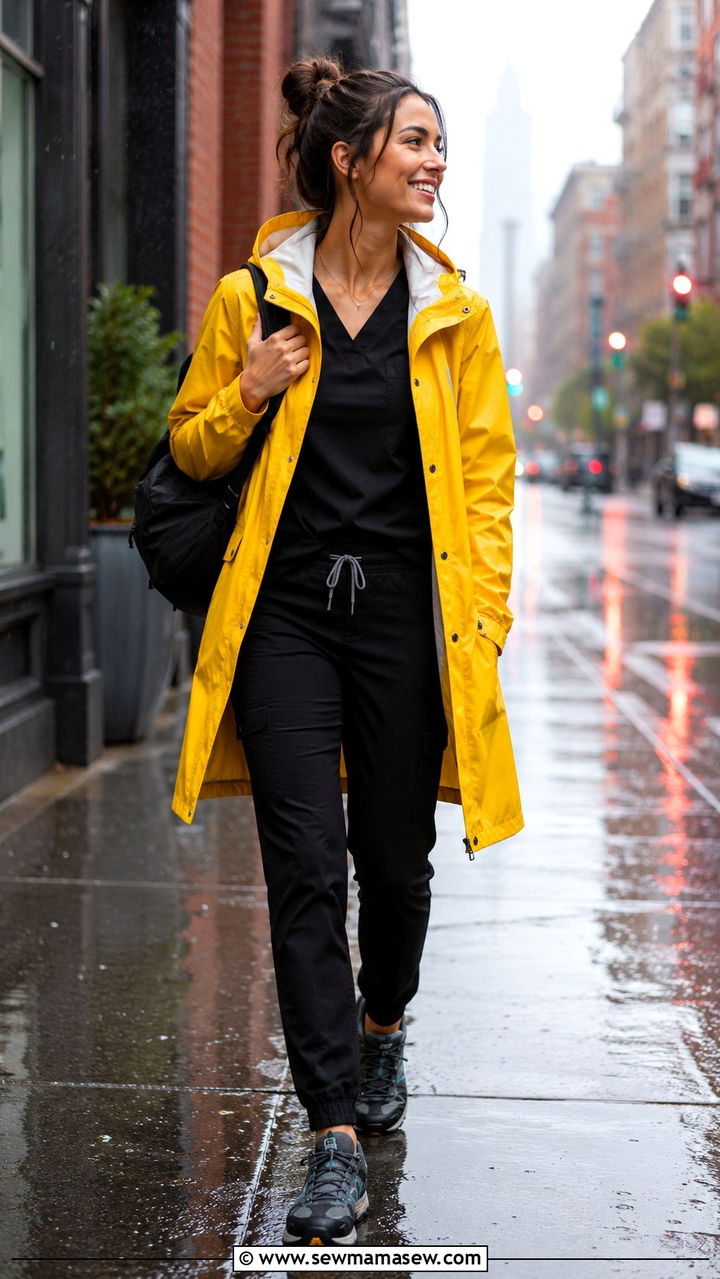 Waterproof Outerwear With Scrub Pants And Rain Ready Shoes - 25 Travel nurse outfit ideas