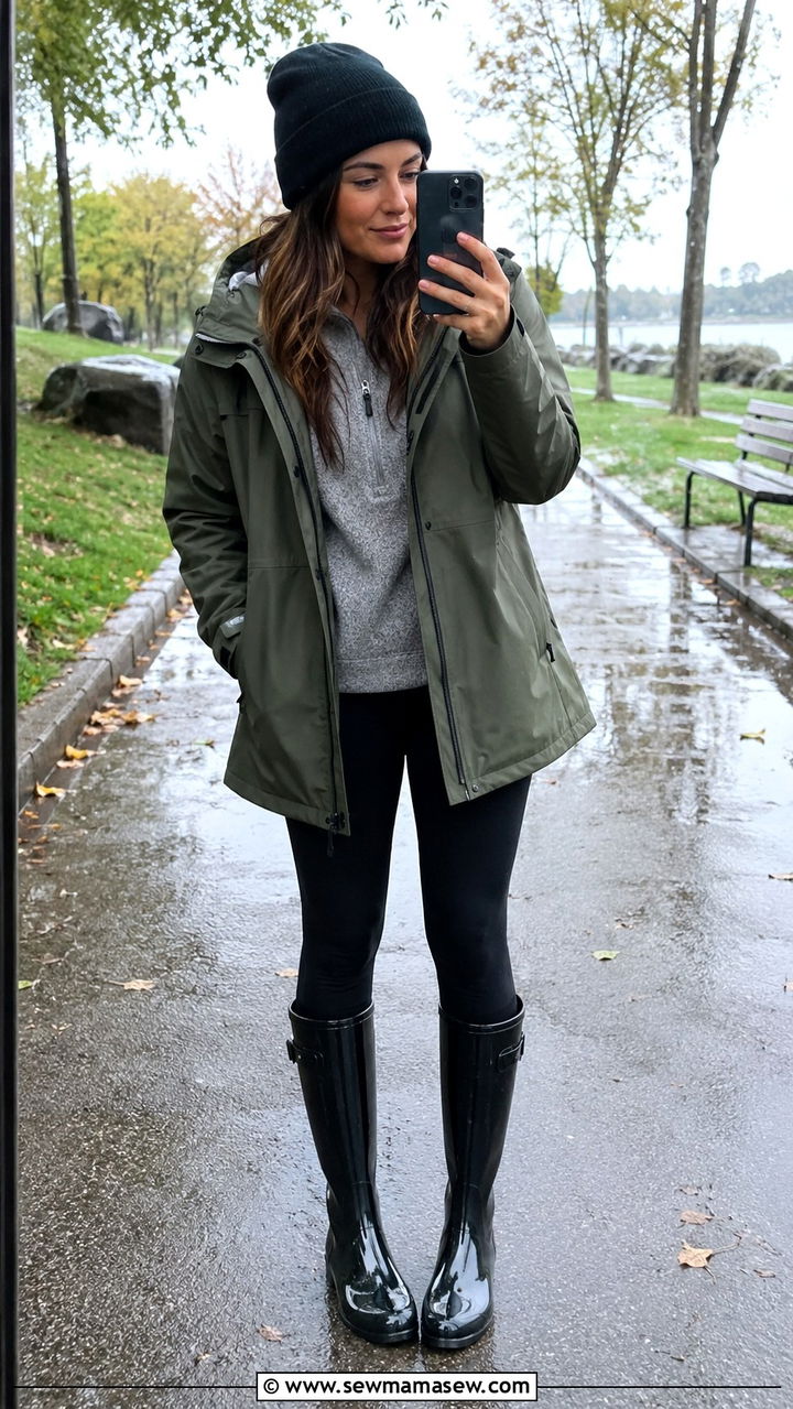 Waterproof Parka With Leggings and Rain Boots - 25 rainy day outfits trends