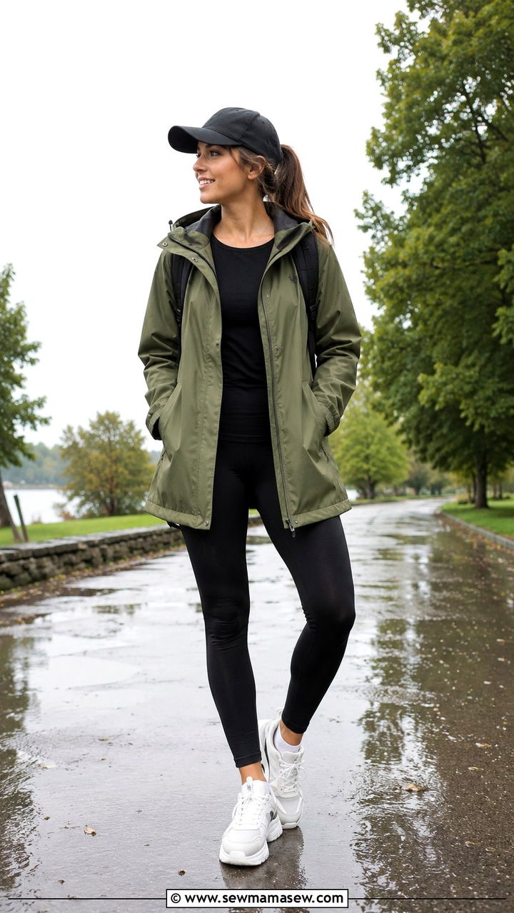 Waterproof Parka with Leggings and Chunky Sneakers - 25 rainy day outfits inspo