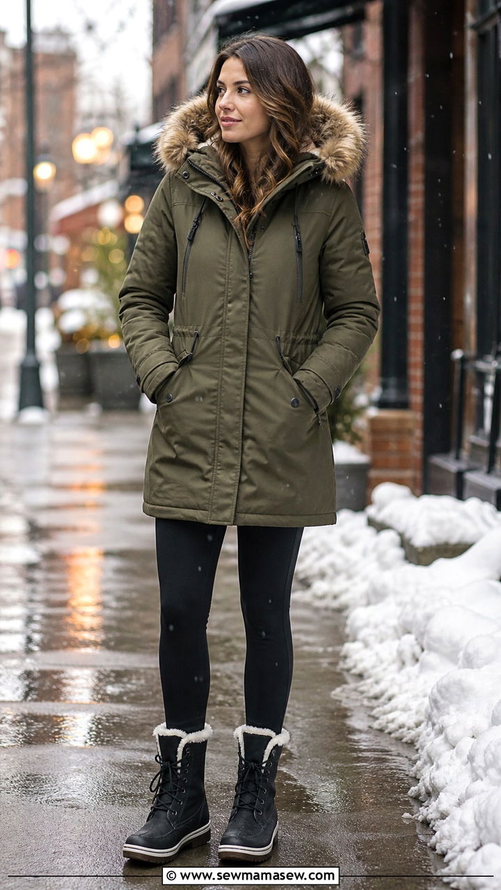 Waterproof Parka with Thermal Leggings and Snow Boots - 40 rainy day outfits