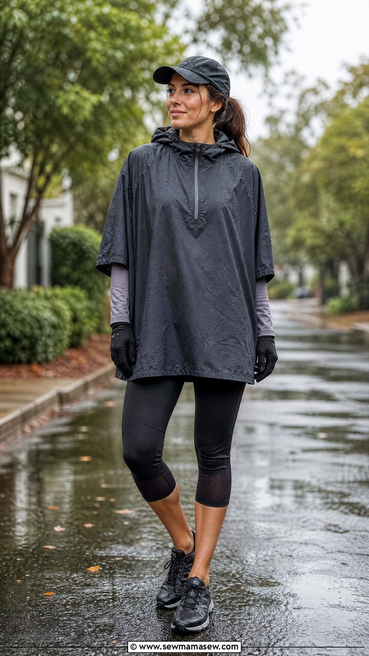 Waterproof PonchoStyle Running Jacket With Capri Tights - 25 Running outfit ideas rainy weather