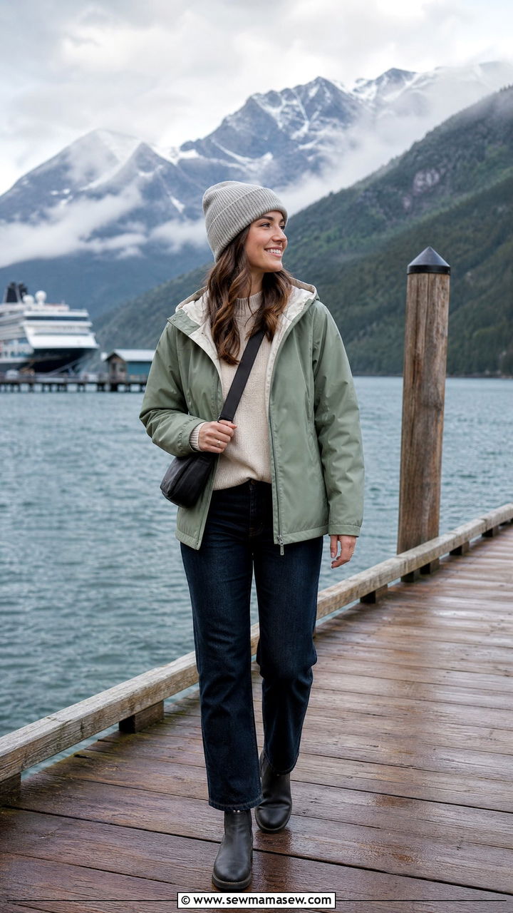 Waterproof Rain Jacket With Dark Straight Leg Jeans For Alaska Excursions - 30 Cruise excursion outfit ideas