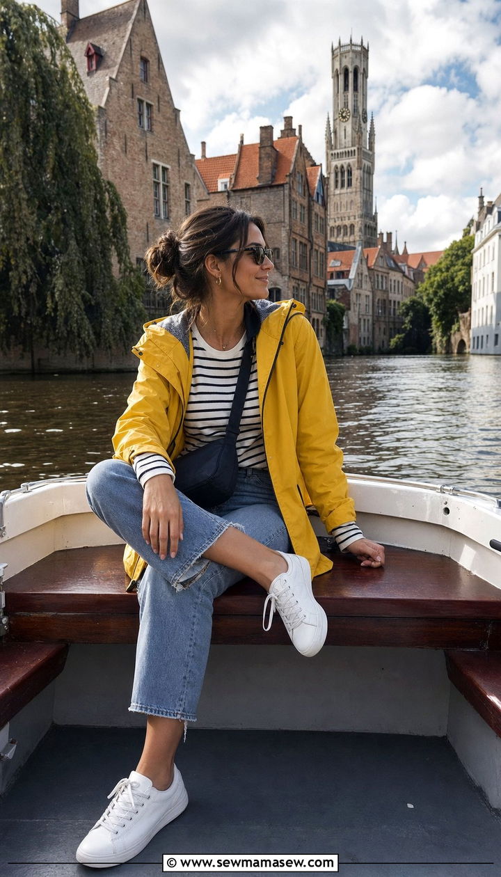 Waterproof Rain Jacket and Sneakers Bruges Canal Boat - 35 Bruges outfit ideas
