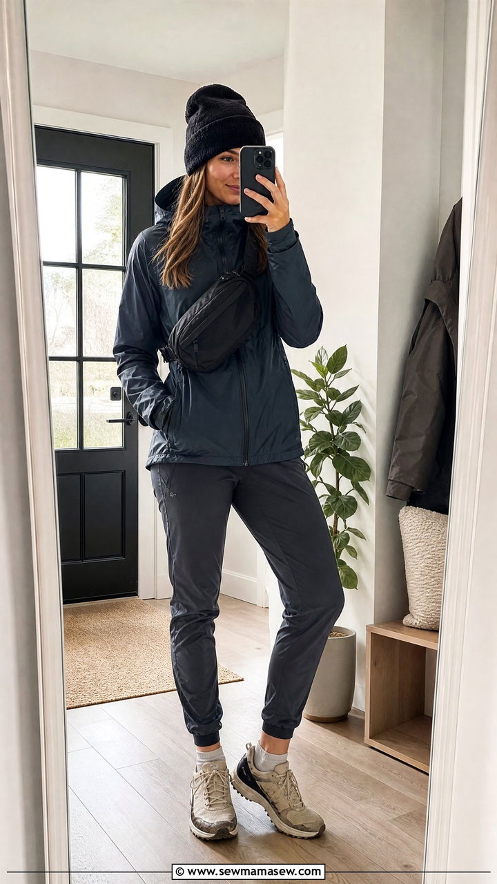Waterproof Running Jacket With Joggers and a Beanie - 25 Running outfit ideas rainy weather