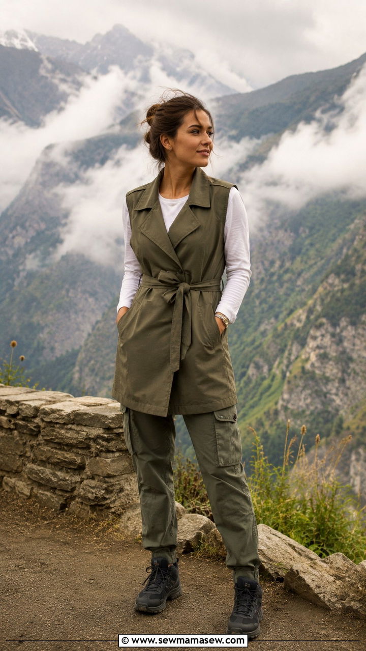 Waterproof Trench Vest With Long Sleeve Tee And Cargo Pants - 30 Rainy day travel outfit ideas