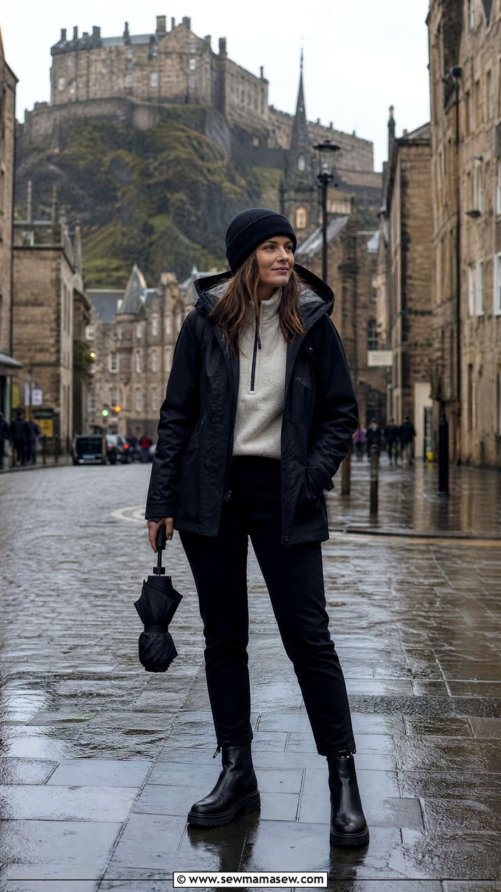 Waterproof jacket and ankle boots outfit - 30 Edinburgh outfit ideas