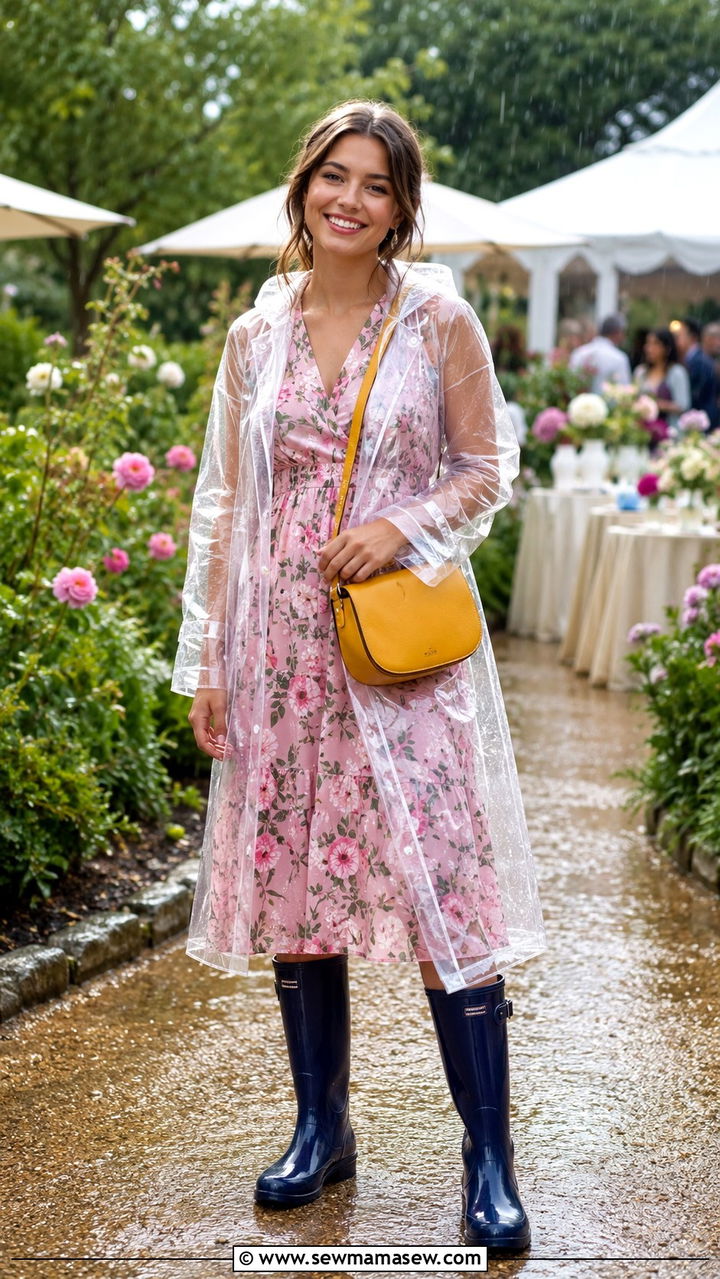 Waterproof raincoat with floral dress and rain boots - 30 Rainy day weekend outfit ideas