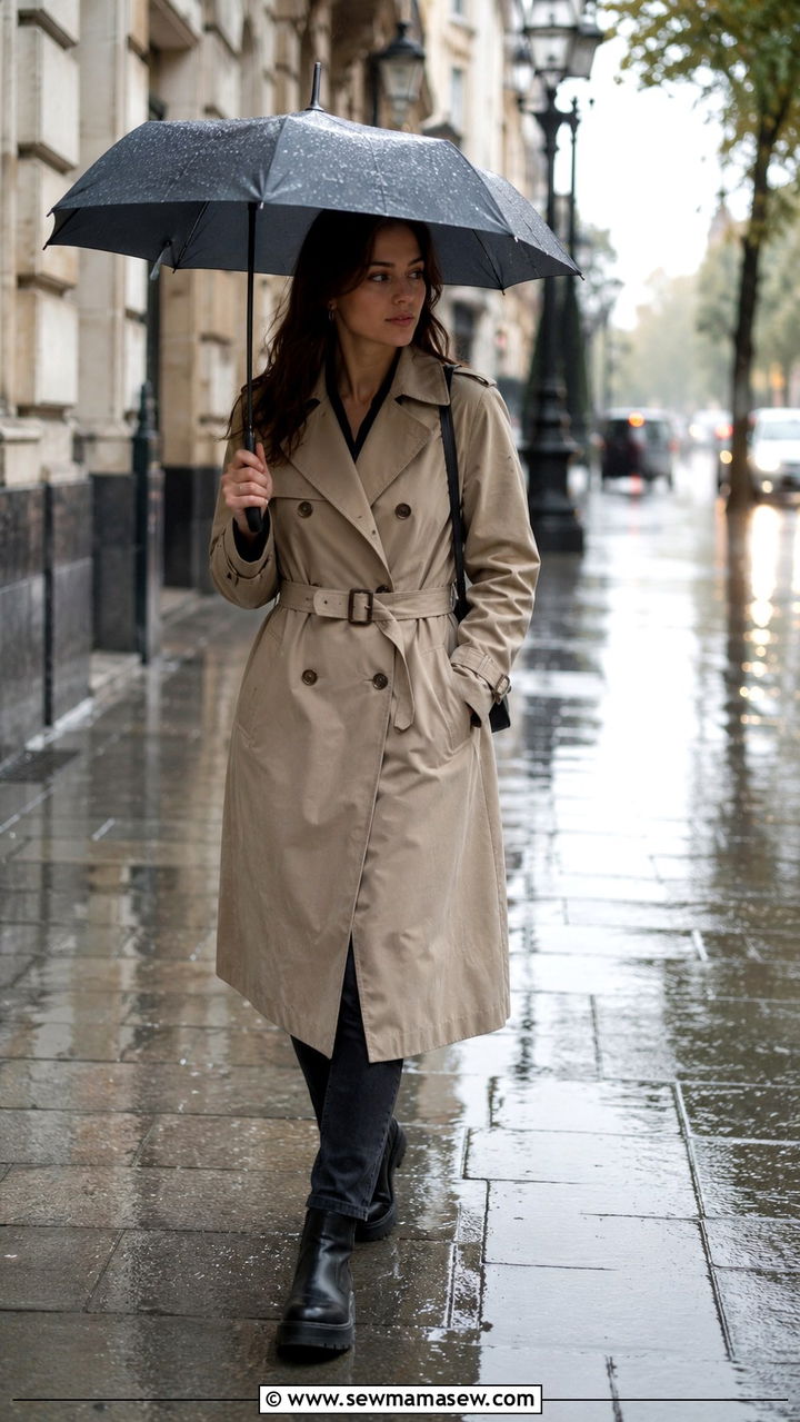 Waterproof trench coat with Chelsea boots - 20 Thunderstorm outfit ideas