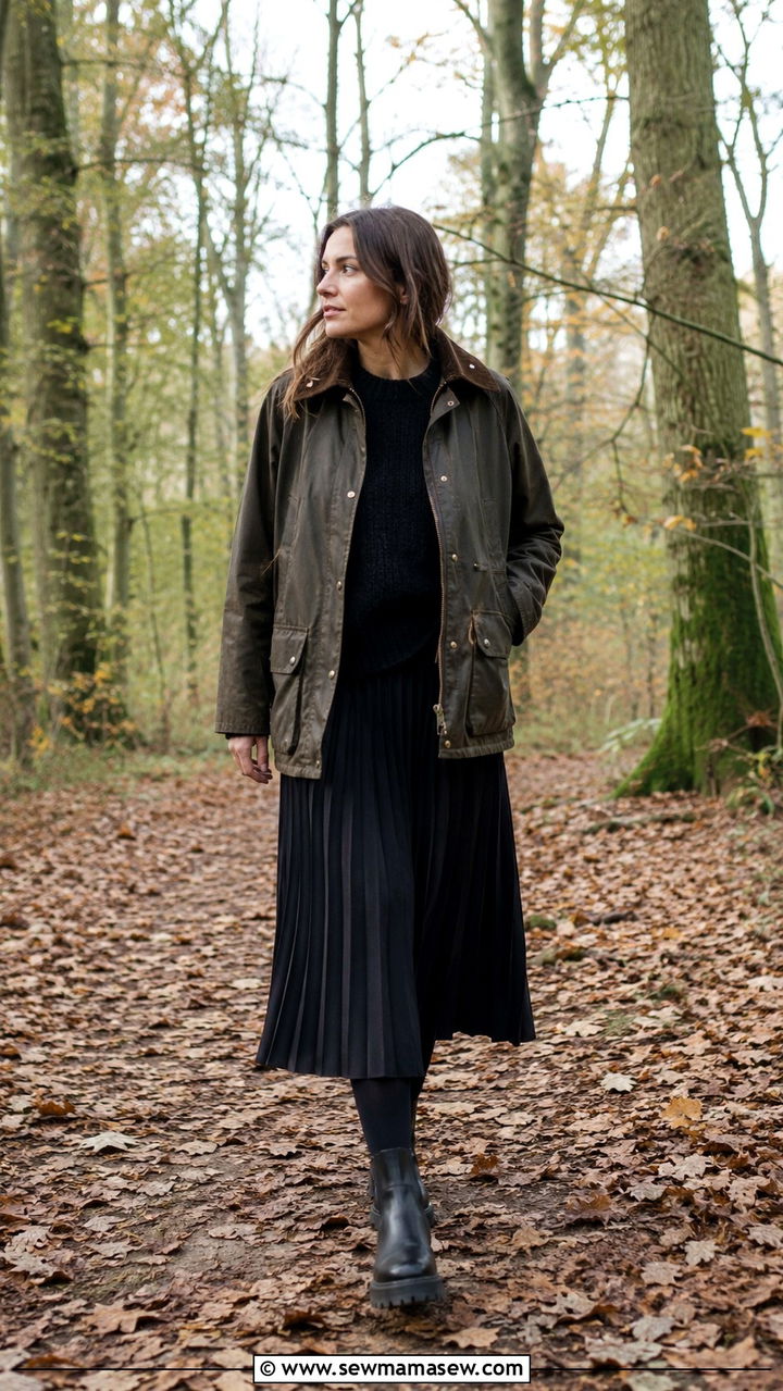 Waxed Cotton Barn Jacket With a Black Pleated Skirt - 20 dark academia outfits to copy