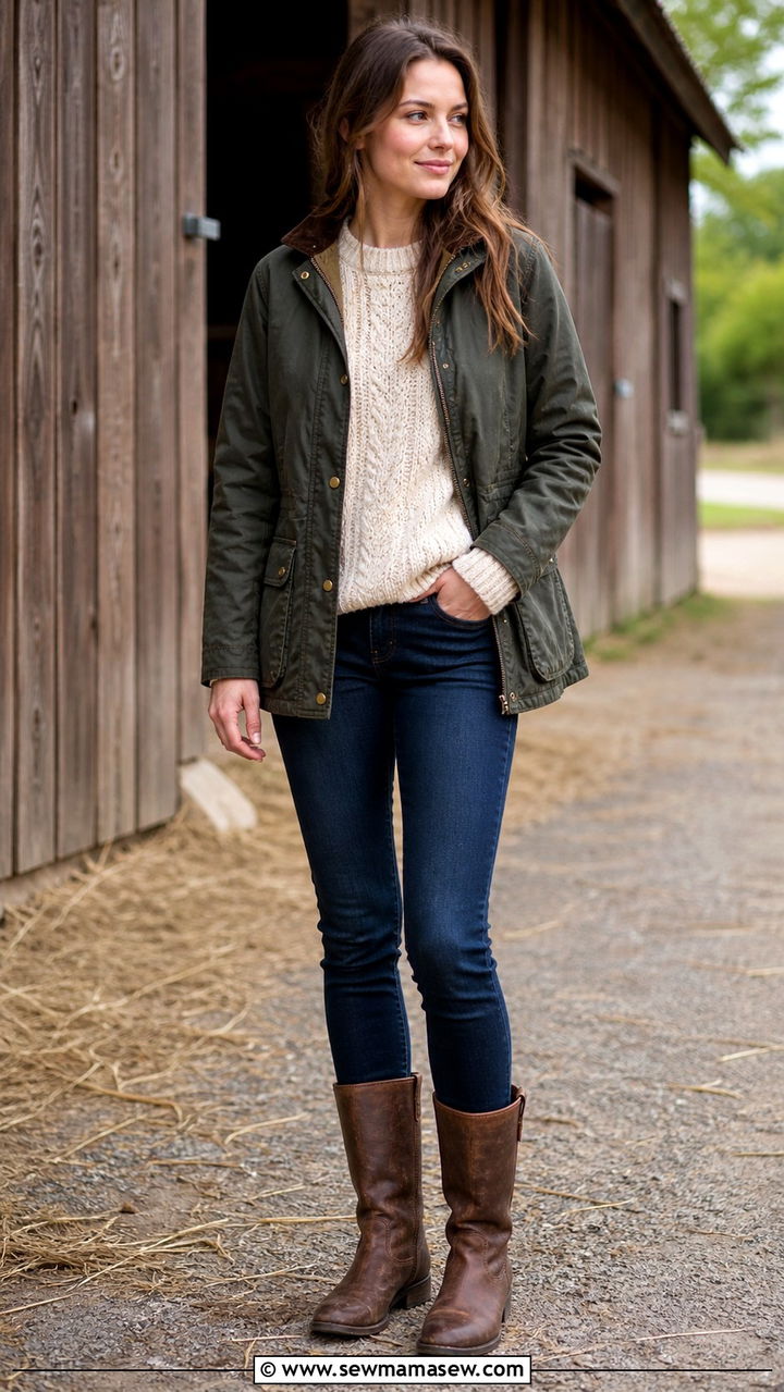 Waxed Cotton Field Jacket with Cable Knit Sweater and Boots - 40 casual jacket outfits