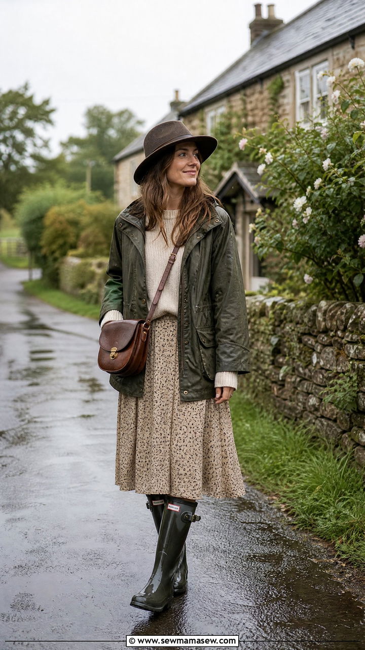 Waxed Cotton Jacket with Midi Skirt and Wellington Boots - 30 classy rainy day outfits