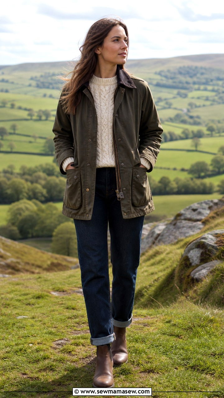 Waxed Jacket with Cable Knit Sweater and Jeans - 40 Europe travel outfits