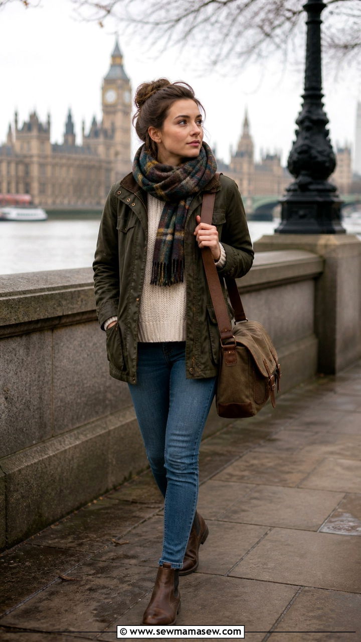 Waxed Jacket with Sweater and Jeans Outfit - 40 What to wear in London