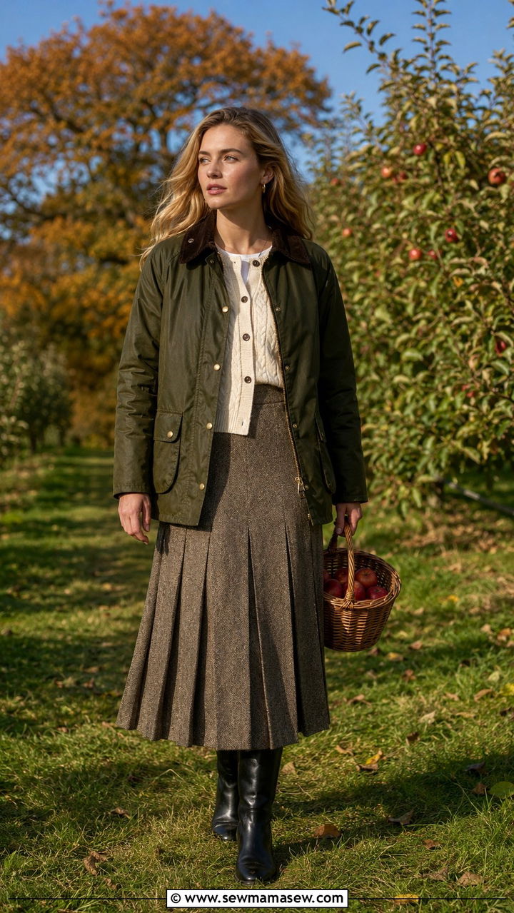 Waxed barn jacket and pleated skirt outfit - 20 Quiet luxury outfit ideas Kate Middleton
