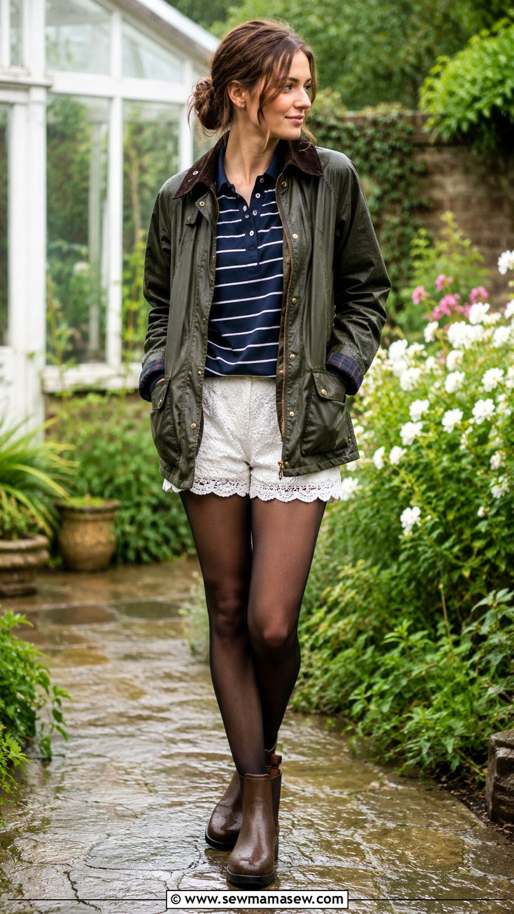 Waxed jacket with striped polo and lace shorts - 30 Rainy day weekend outfit ideas