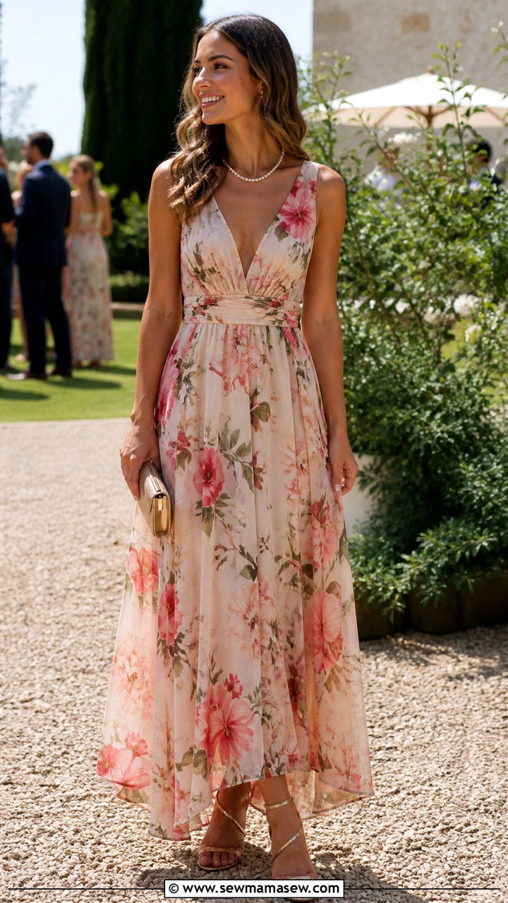Wedding guest floral maxi dress and heeled sandals with pearl strand - 40 Pearl necklace outfit ideas