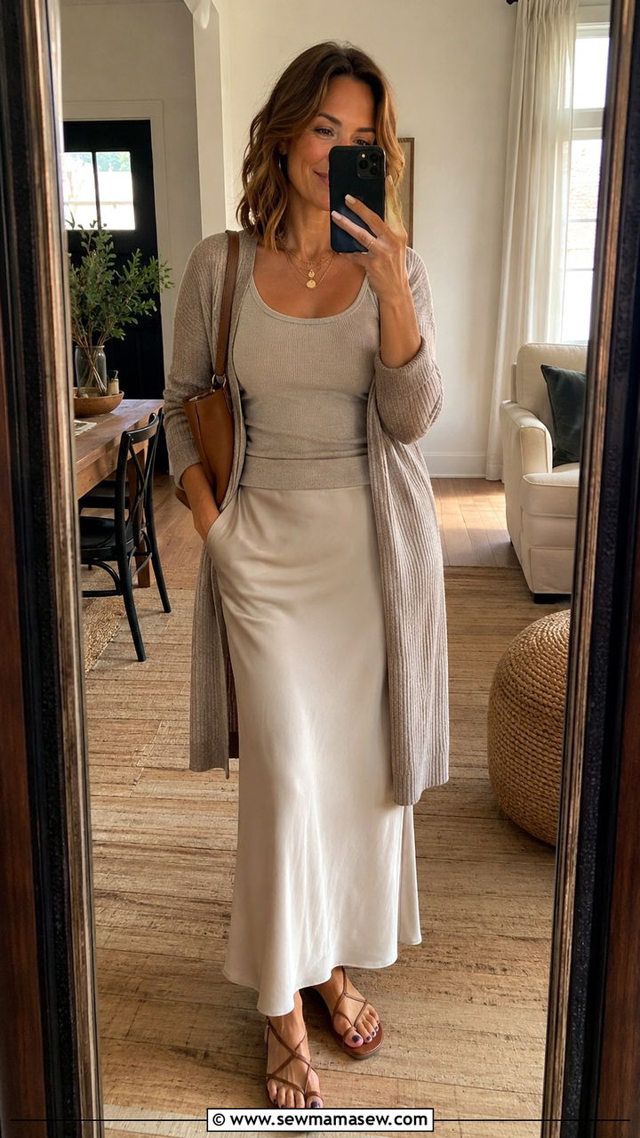 Weekend Outfit With Cardigan And Slip Skirt - 25 Outfit ideas for women over 40 weekend