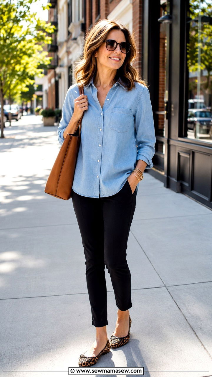Weekend Outfit With Chambray Shirt And Black Pants - 25 Outfit ideas for women over 40 weekend