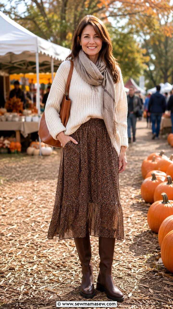 Weekend Outfit With Chunky Knit Sweater And Midi Skirt - 25 Outfit ideas for women over 40 weekend