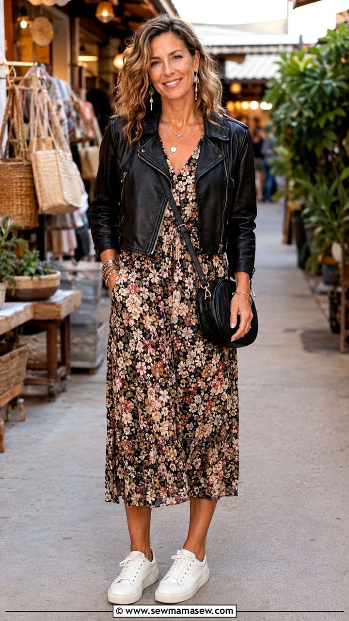 Weekend Outfit With Leather Jacket And Midi Dress - 25 Outfit ideas for women over 40 weekend