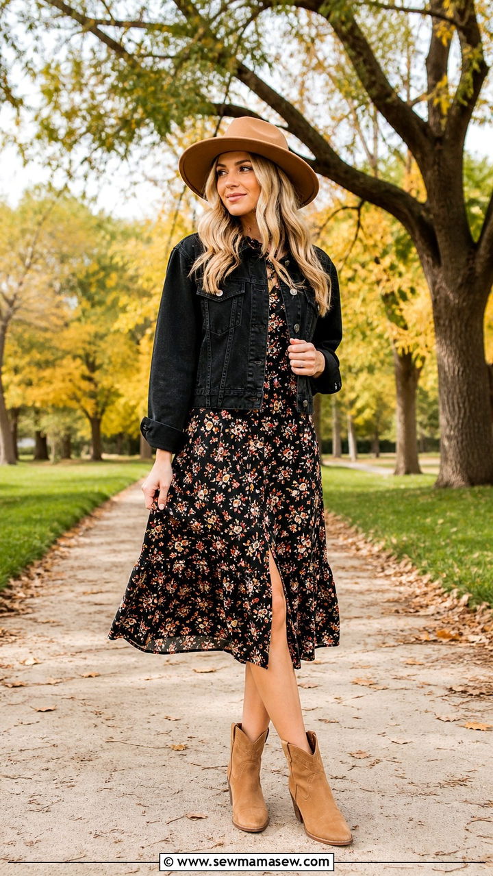 Western Ankle Boots with a Floral Midi Dress - 40 ankle boots outfit ideas
