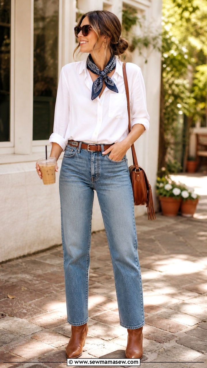 Western Bandana with White Blouse and Denim Jeans - 40 western outfits for women