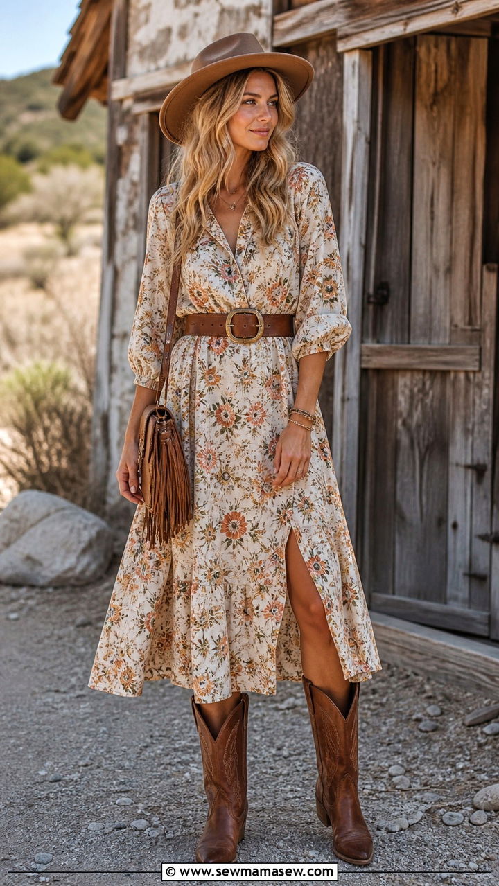 Western Boho Outfit with Cowboy Boots - 40 Boho outfit ideas