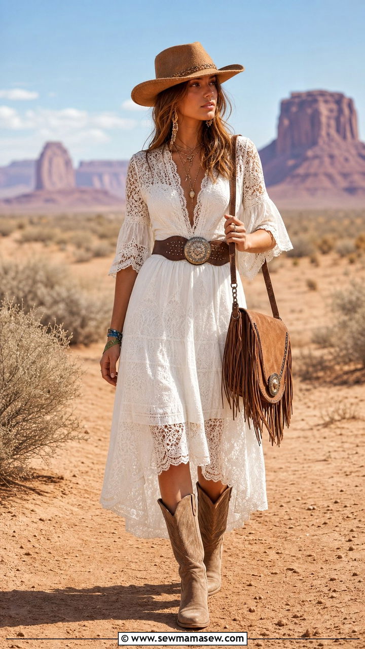Western Boho Outfit with Cowboy Hat and Suede Boots - 25 cute boho chic outfits