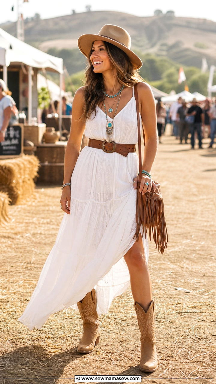 Western Boots Outfit With Sundress - 50 Summer Outfit Ideas for Women 2026