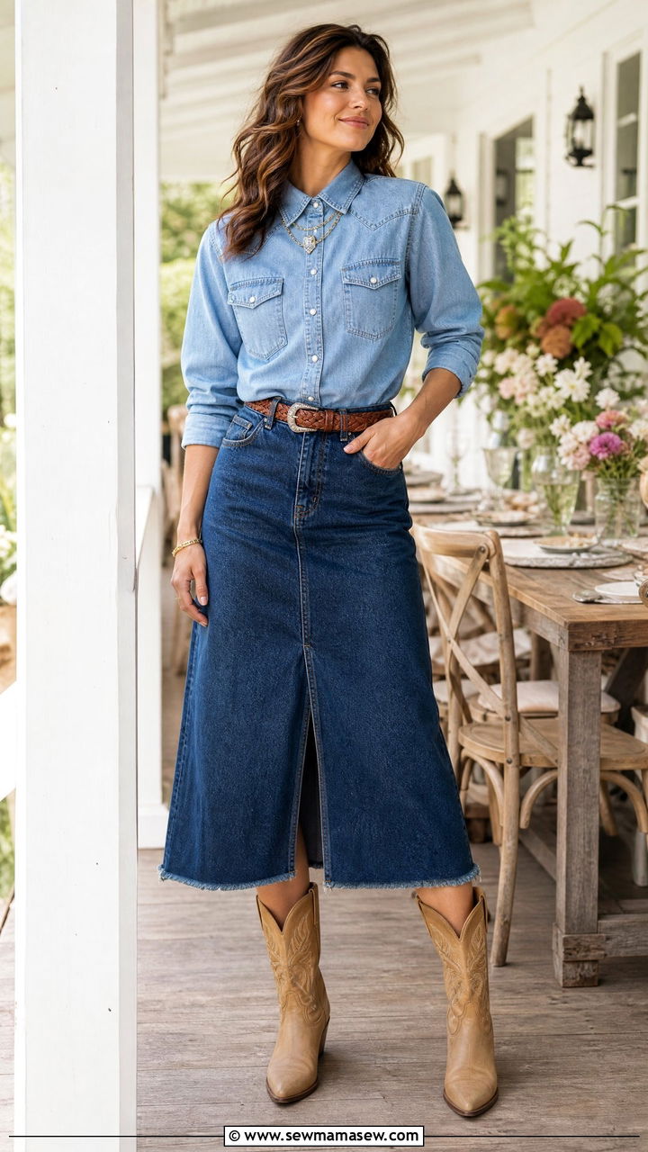 Western Button Up Shirt with Denim Skirt Outfit - 30 Country spring outfits
