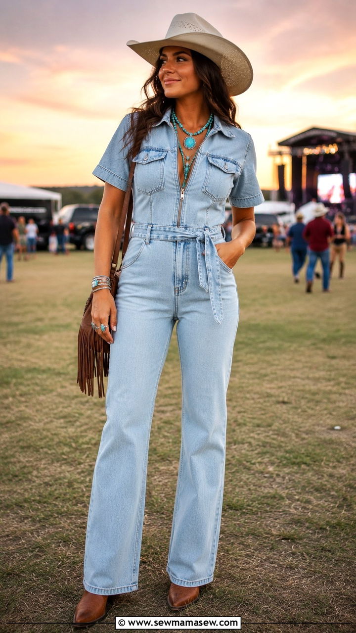 Western Denim Jumpsuit With Turquoise Stacks - 25 Western outfit ideas for women 2026