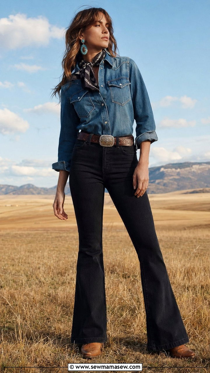 Western Denim Shirt With Cowboy Boots - 35 70s outfit ideas