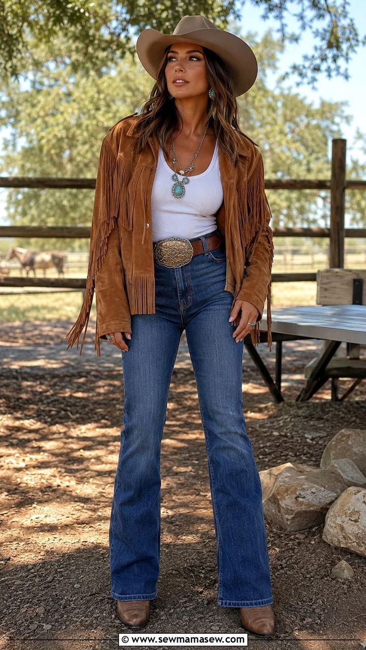 Western Fringe Jacket With Bootcut Jeans - 20 Gameday outfit ideas Texas