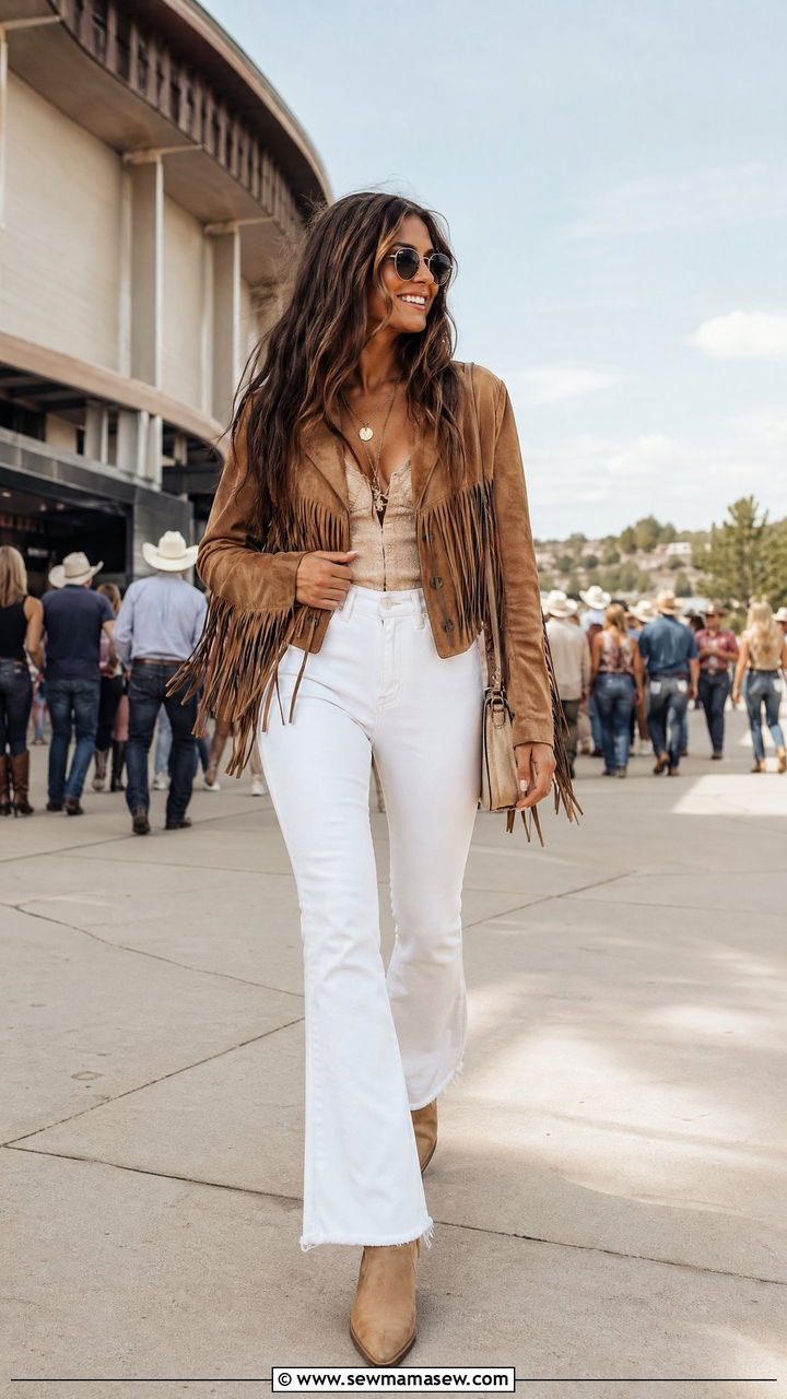 Western Fringe Jacket With White Denim And Tan Pointed Boots - 35 Concert outfits for tall women