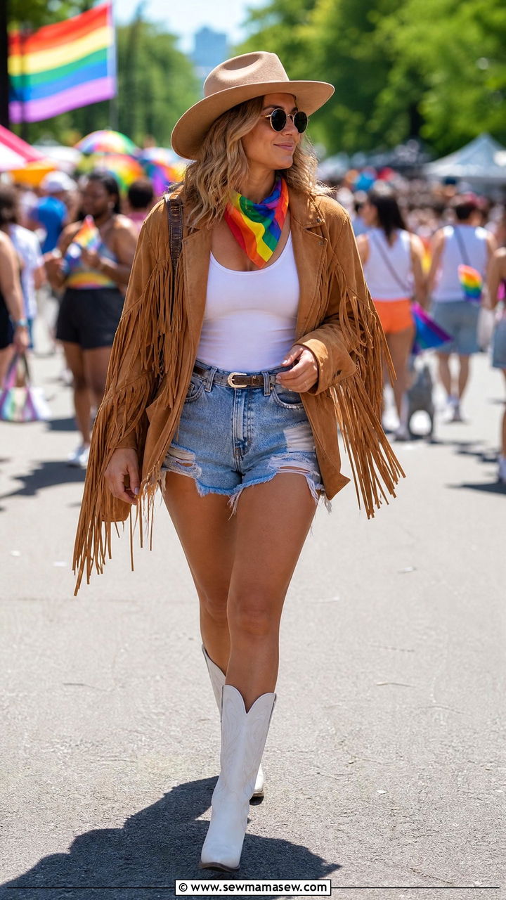 Western Fringe Jacket and Denim Shorts Outfit - 25 June Pride outfit ideas