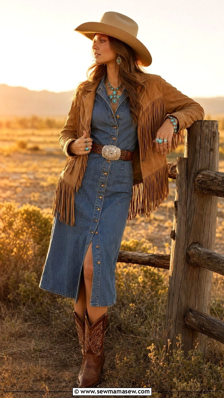 Western Fringe Suede Jacket and Denim Midi Dress Outfit - 35 aesthetic outfits