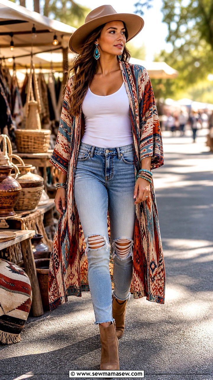 Western Kimono Duster with Ripped Jeans - 40 western outfits for women