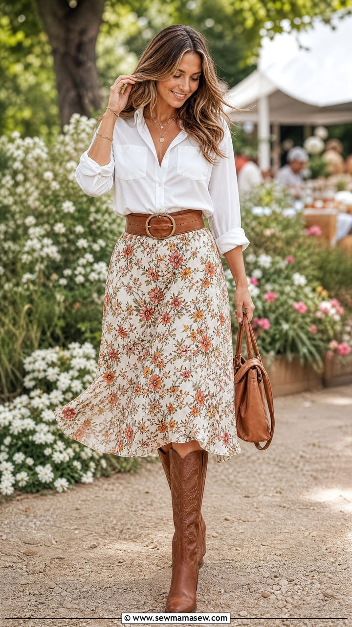 Western Knee High Boots with a Floral Midi Skirt - 25 Knee high boots outfit ideas with a skirt